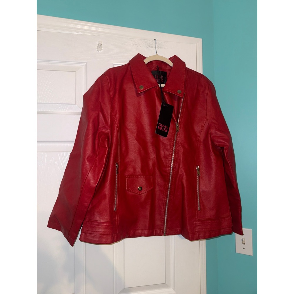 Olivia Miller Womens Red Faux Vegan Leather Moto Biker Jacket Plus Size 3X New